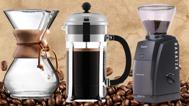 A borosilicate pour-over brewer by Chemex, a French press and the Baratza Encore coffee grinder.