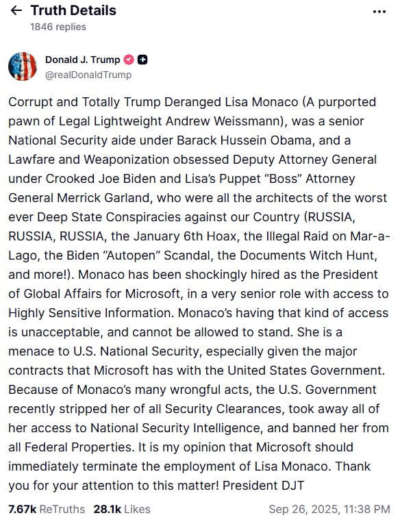 Il messaggio di Trump su Trush Social