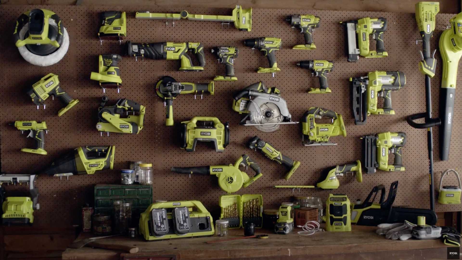 Ryobi tool assortment on a wall