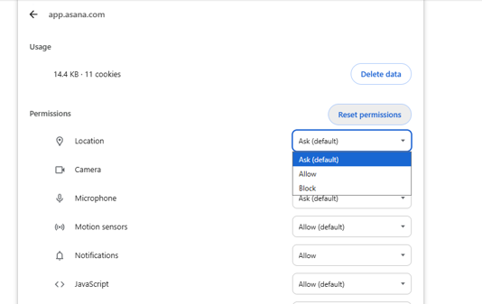 Location permissions on a site.