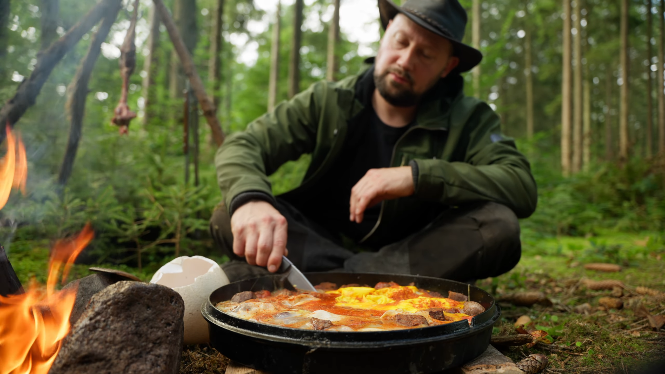 Cooking a Monster Venison Omelette With Ostrich and Quail Eggs
