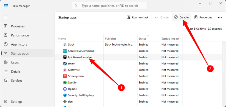 Select an app that has the Enabled status, then click the Disable button towards the upper-right corner of the window.
