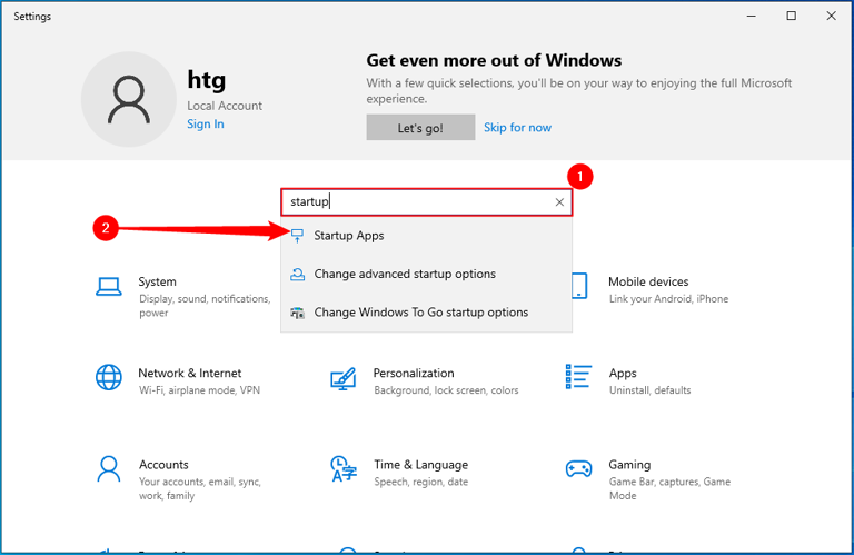 Searching for Startup apps in the Windows 10 Settings app.