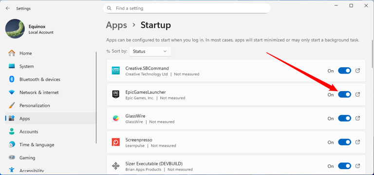 Click the toggle next to an enabled app to prevent it from booting automatically.