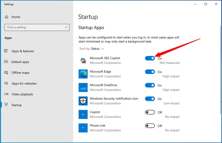 Click the toggle next to an app that currently enabled to prevent it from launching automatically.