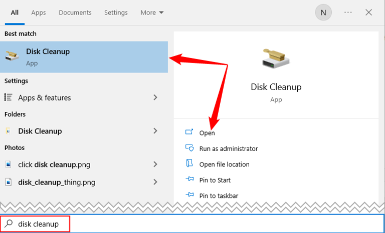 Search for "Disk Cleanup" in the Start Menu search. 
