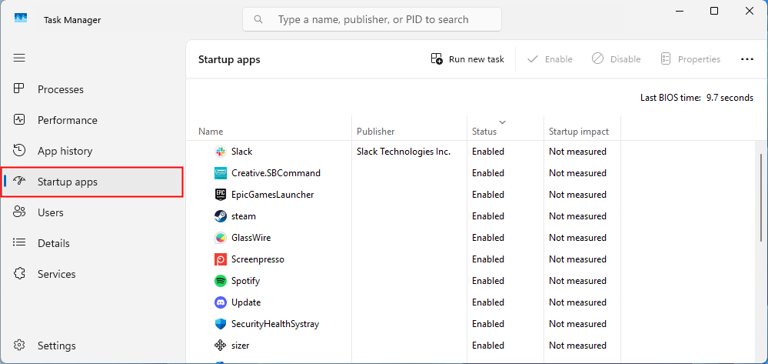 Open the Task Manager window, then select Startup apps to view which apps are enabled or disabled.