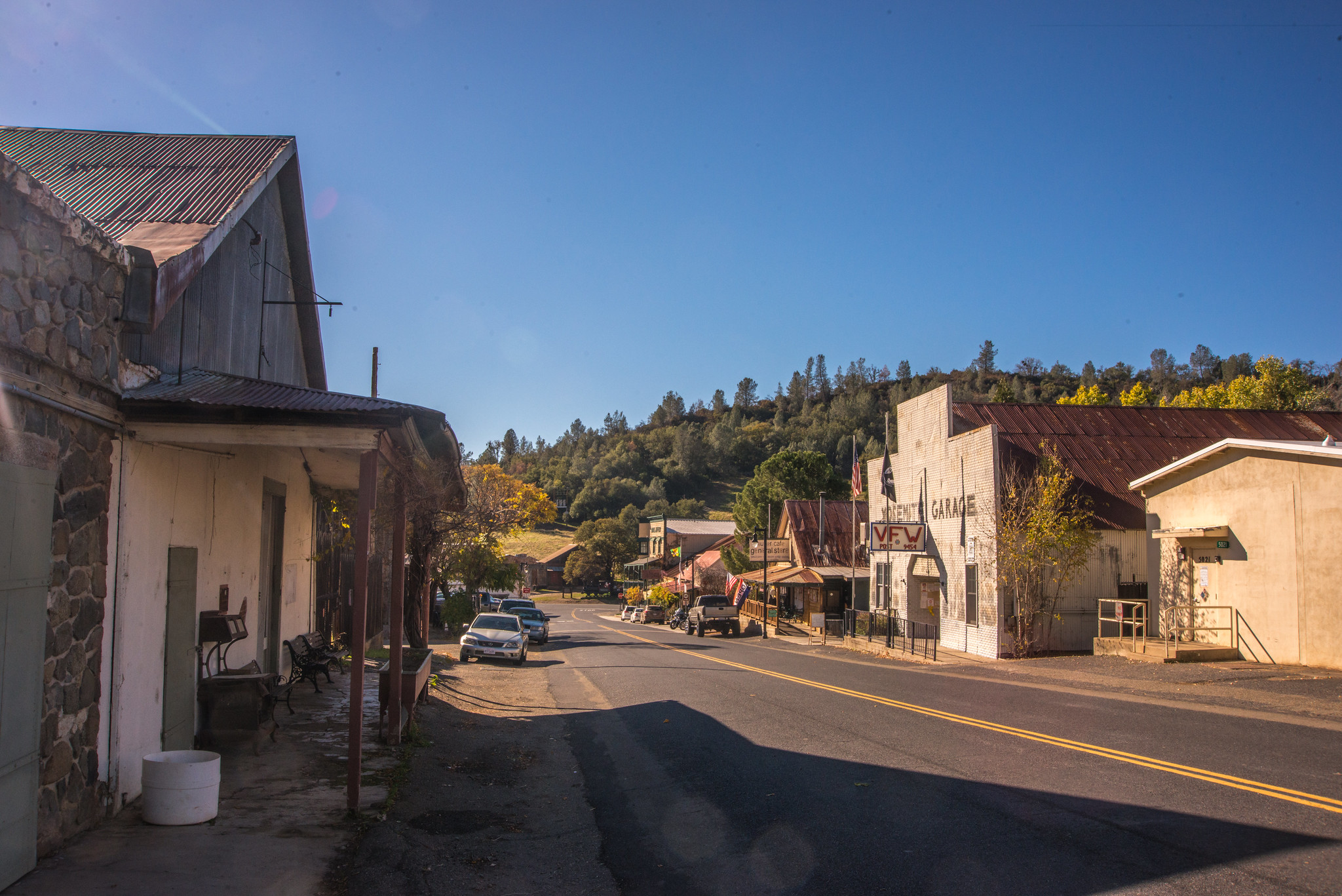 An empty main street in a historic mountain town in Northern California.