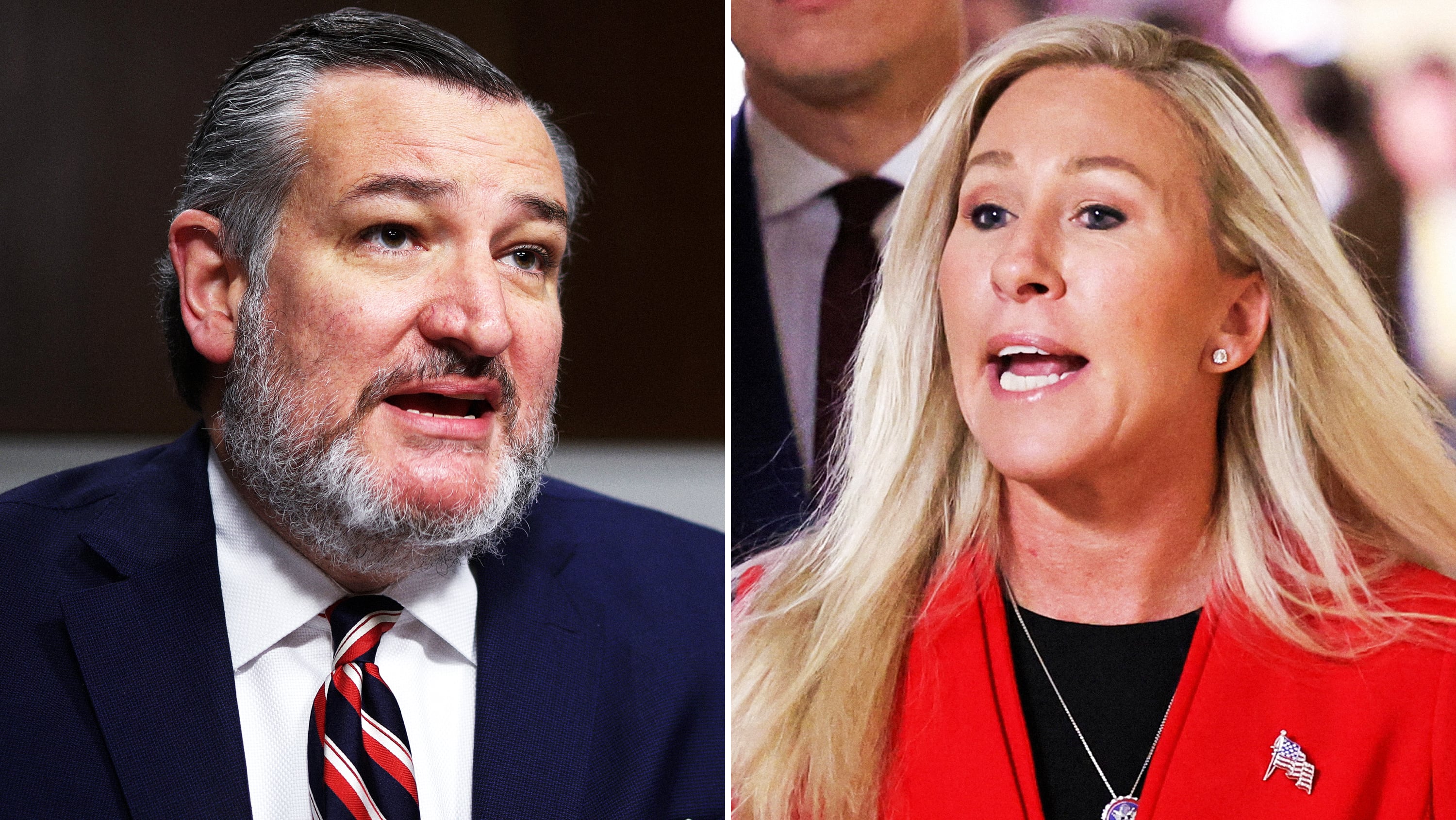 While the White House has feigned indifference to a devastating series of new polls, elected GOP officials like Ted Cruz and Marjorie Taylor Greene have sounded the alarm ahead of next year's midterms. / The Daily Beast/Getty/Reuters