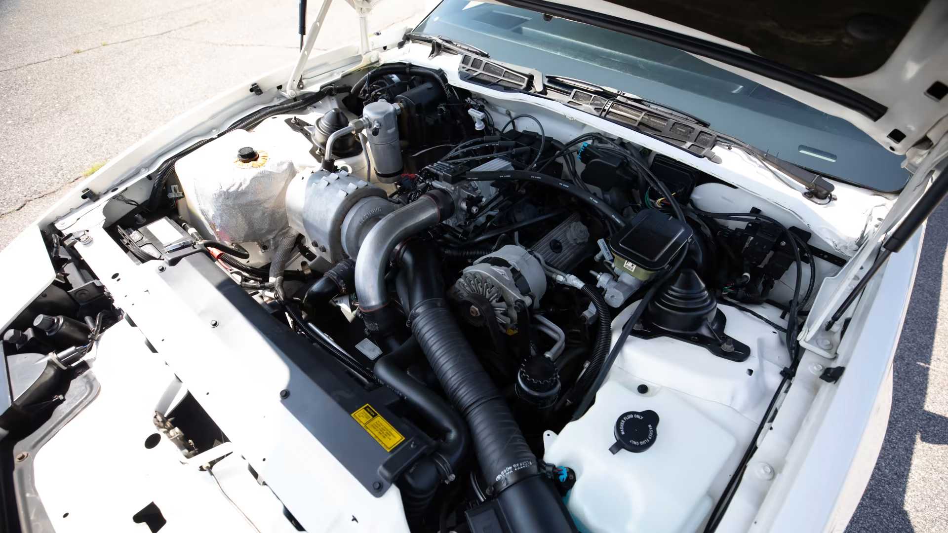 black and white Engine Bay of the 1989 Pontiac Turbo Trans Am 20th Anniversary