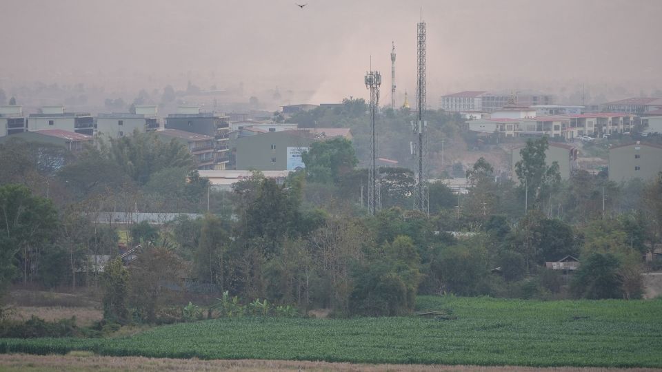The KK Park scam center complex in Myanmar's southeastern town of Myawaddy, seen from the border with Thailand, in February 2025. - Mark Phillips/CNN