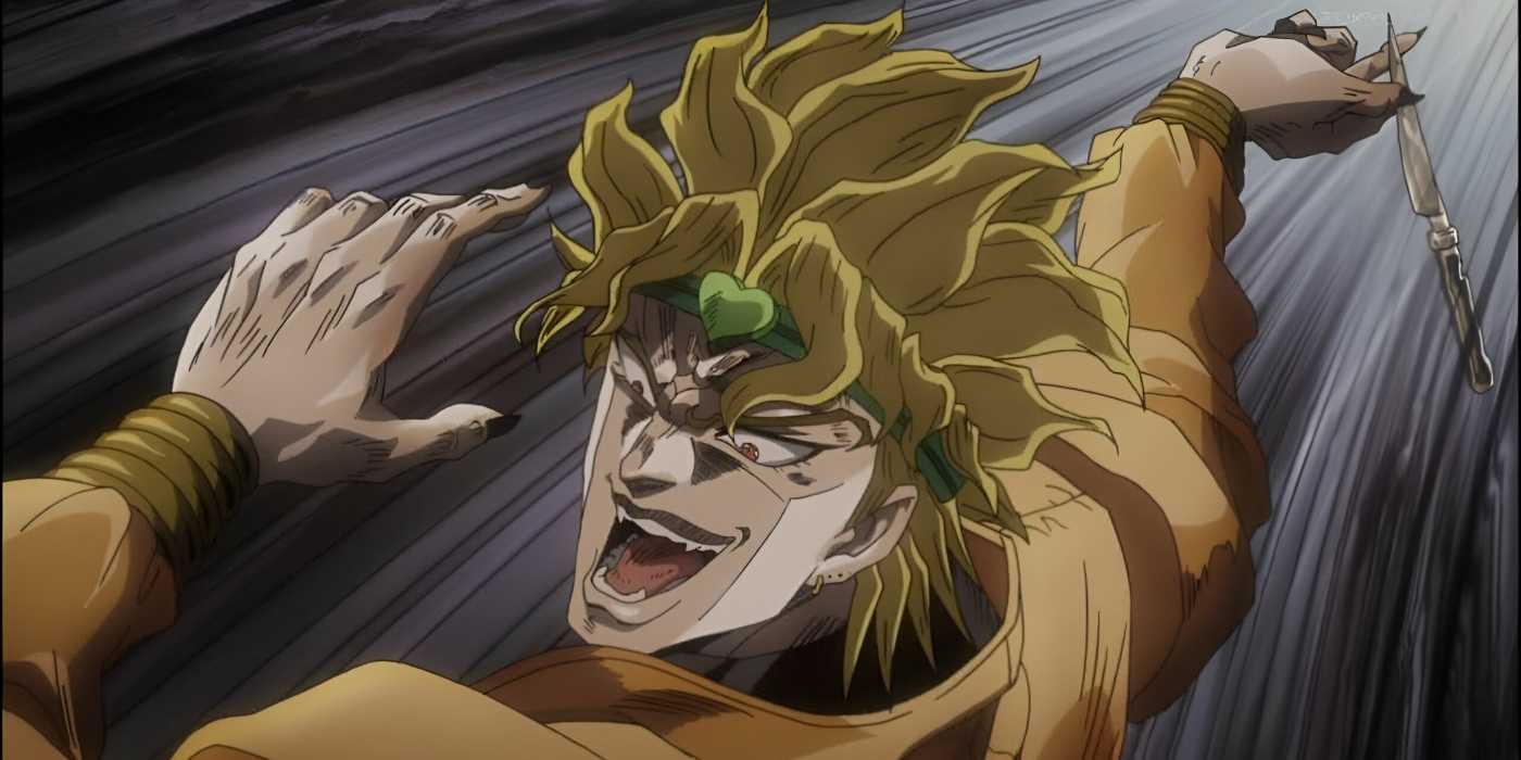 A man with spiky blonde hair and a green headband grins as he holds a knife between his clawed fingers.