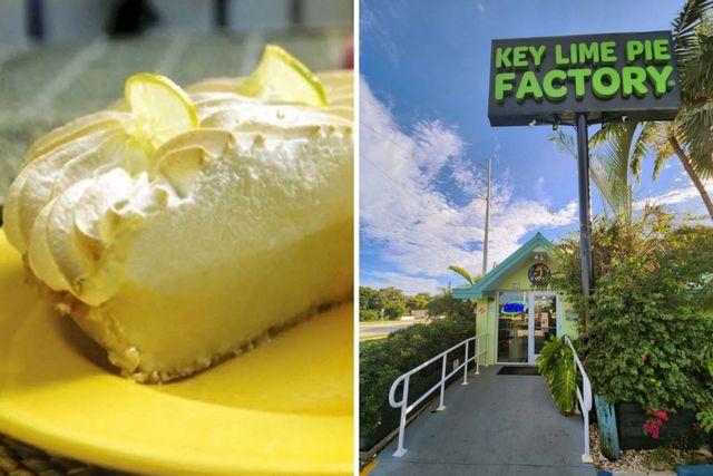 Slices of key lime pie exterior of the Key Lime Pie Factory building with signage