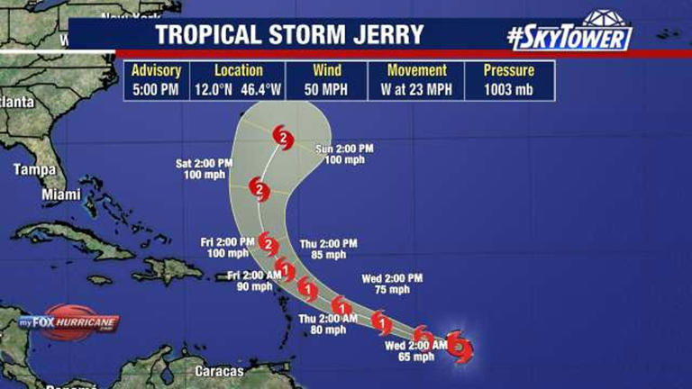 Tropical Storm Jerry forms in Atlantic and will likely become a hurricane