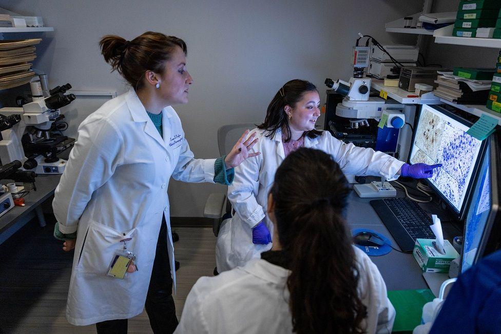 Tamar Gefen (izquierda) y miembros del equipo observan imágenes de neuronas y neuropatología.