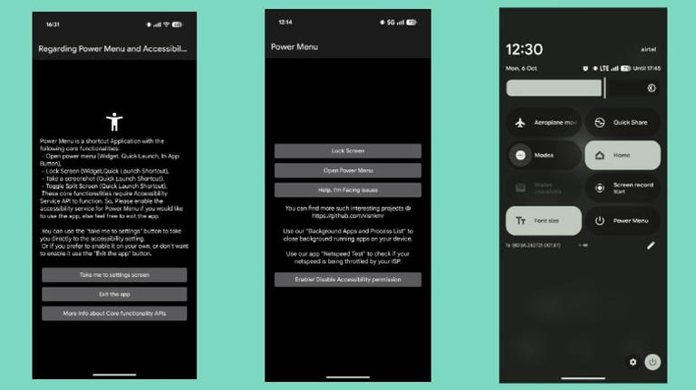 Using the Power Menu app and Quick Settings toggle to restart a Pixel phone.