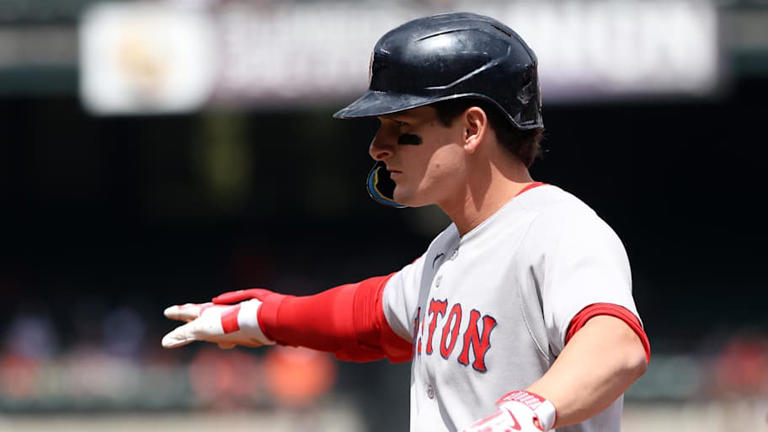 Aug 28, 2025; Baltimore, Maryland, USA; Boston Red Sox outfielder Roman Anthony (19) celebrates after hitting a single during the first inning against the Baltimore Orioles at Oriole Park at Camden Yards. Mandatory Credit: Daniel Kucin Jr.-Imagn Images | Daniel Kucin Jr.-Imagn Images