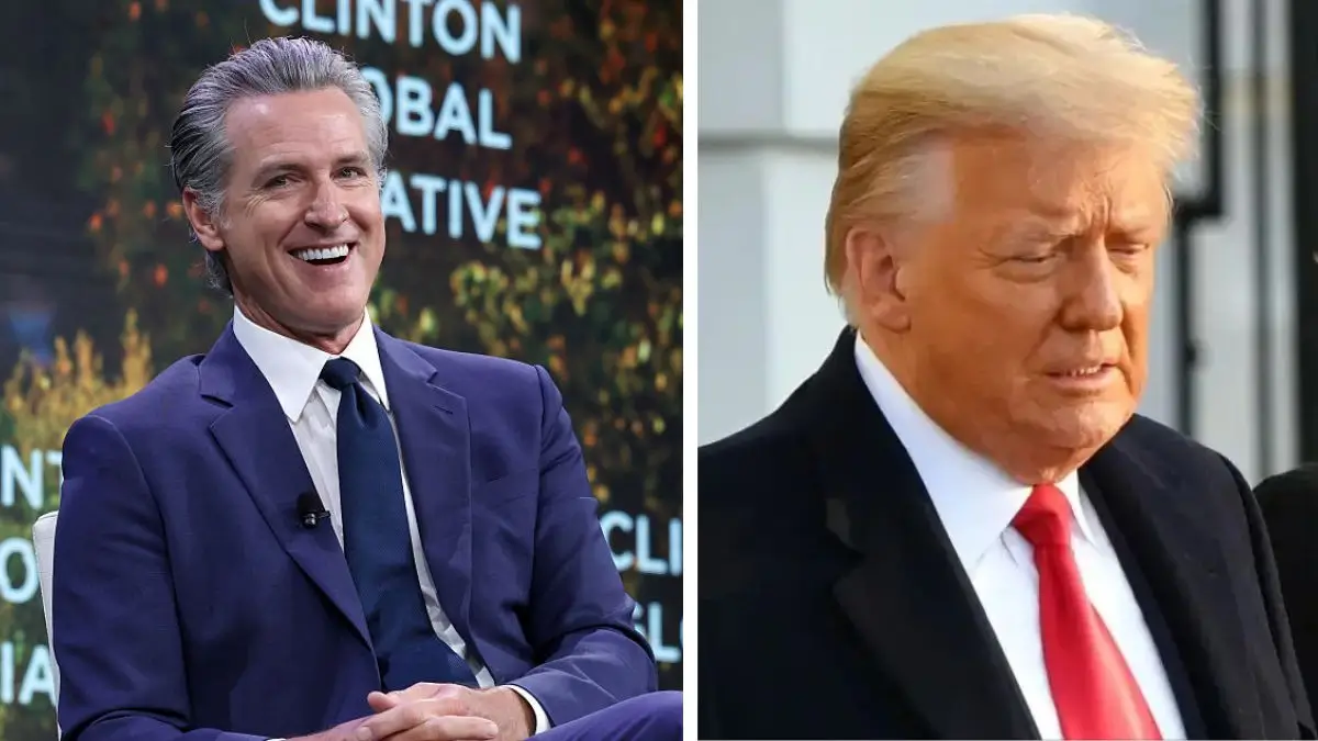 California Governor Gavin Newsom’s latest jab at President Donald Trump targets his obsession with gold interior design. (Photo by JP Yim/Getty Images for Clinton Global Initiative; Mandel Ngan/AFP via Getty Images)