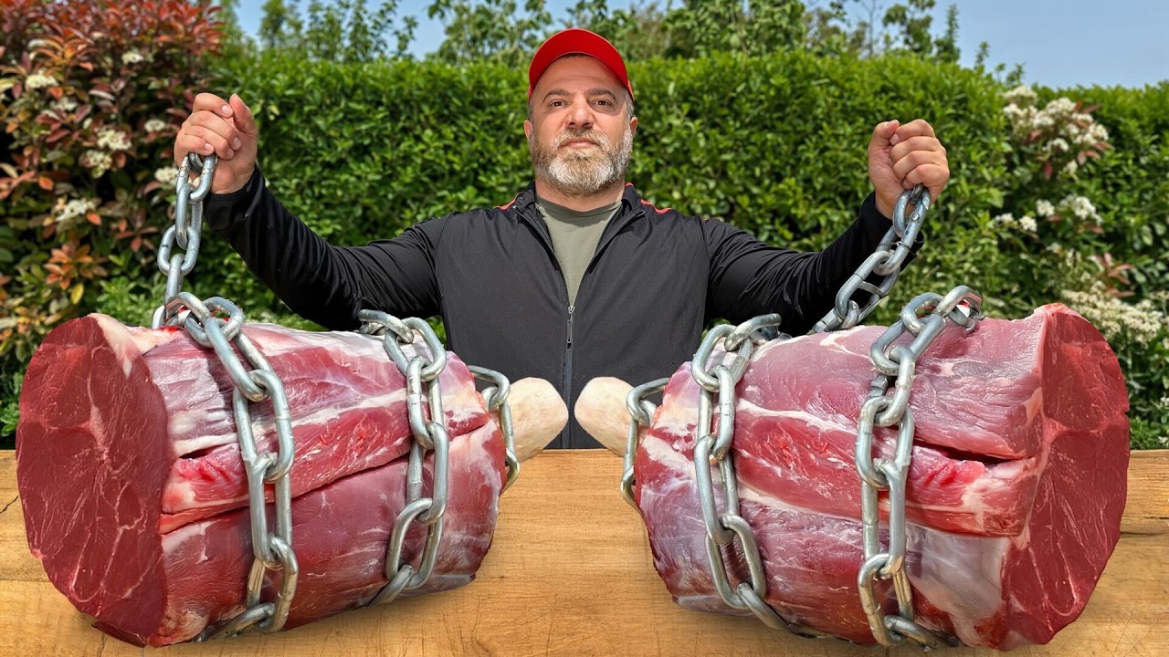 Roasting a whole side of beef over open fire