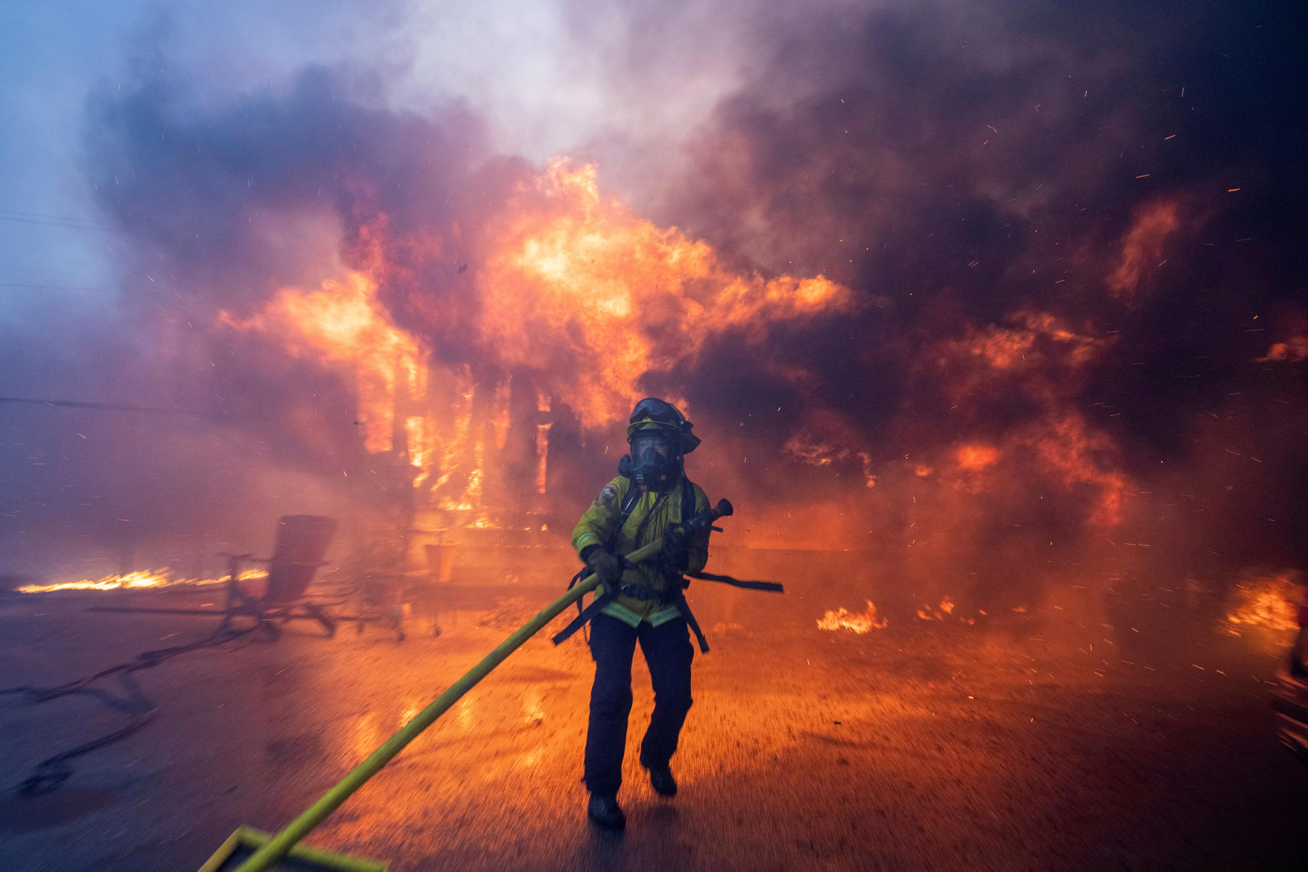 A firefighter battles the Palisades Fire as it burns during a windstorm on the west side of Los Angeles, California, U.S. January 7, 2025. REUTERS/Ringo Chiu TPX IMAGES OF THE DAY