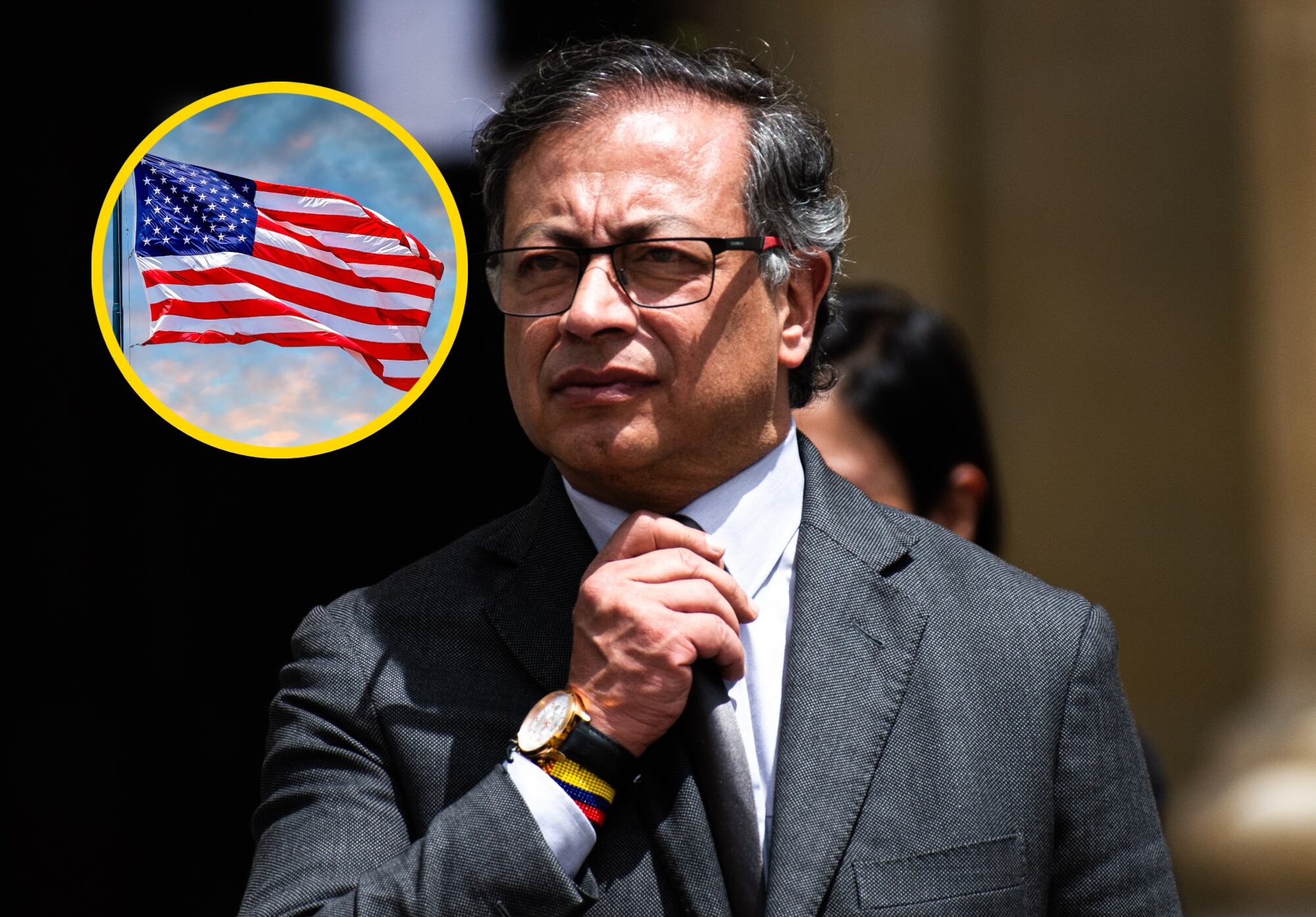 Gustavo Petro y bandera de EE.UU. Foto: Sebastian Barros/NurPhoto vía Getty Images.
