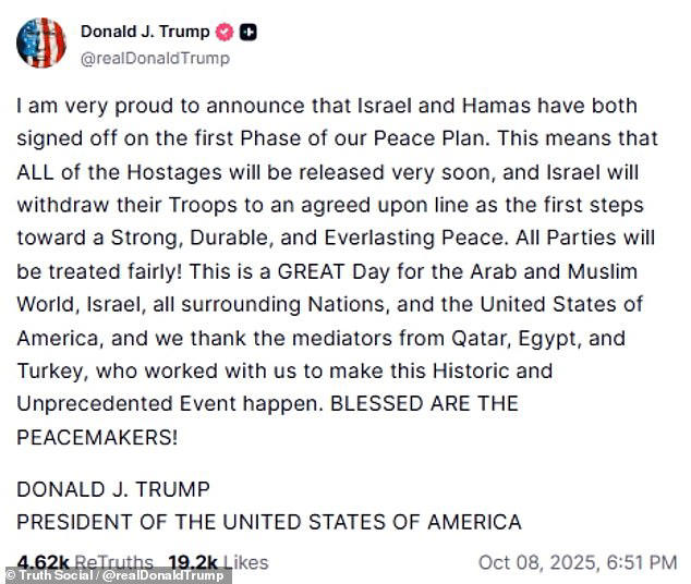 Trump announces Gaza peace deal as Israel and Hamas sign off on 'first ...