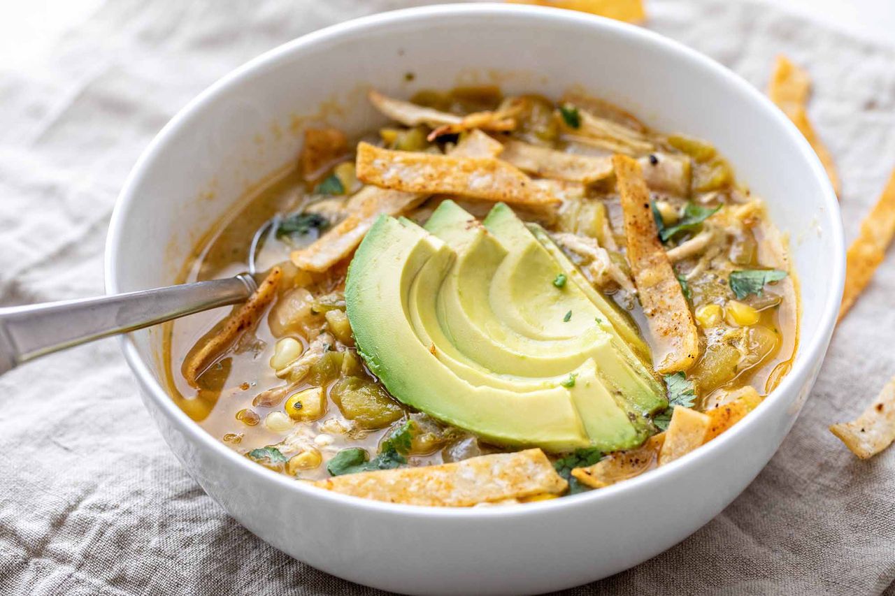 A bowl of easy green chicken chili, ready to eat