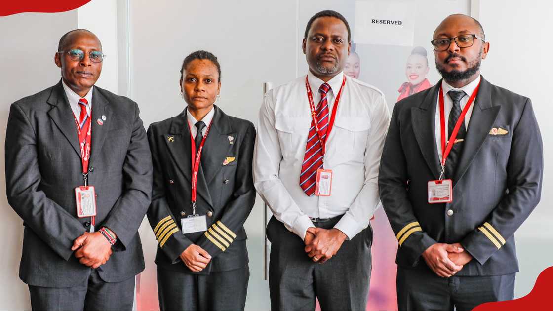 The KQ crew that operated the RAO-001 flight; Captain Saviemaria Ondego (pictured in coat with four bars) was the one flying the KQ-owned Boeing 737-800. Photo: KQ. Source: Twitter