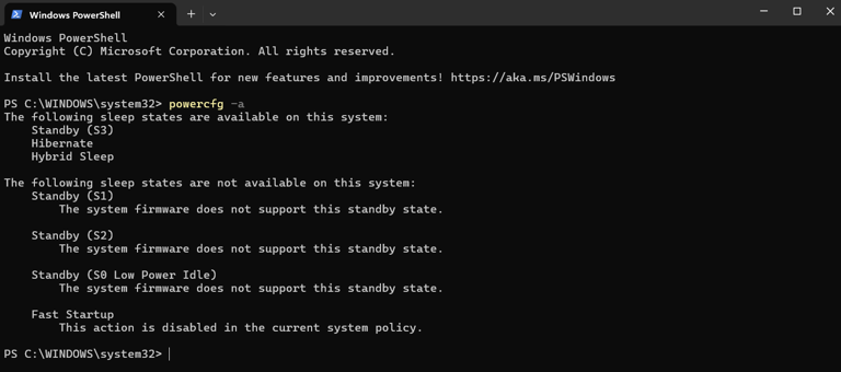 Running the powercfg -a command in Windows PowerShell.