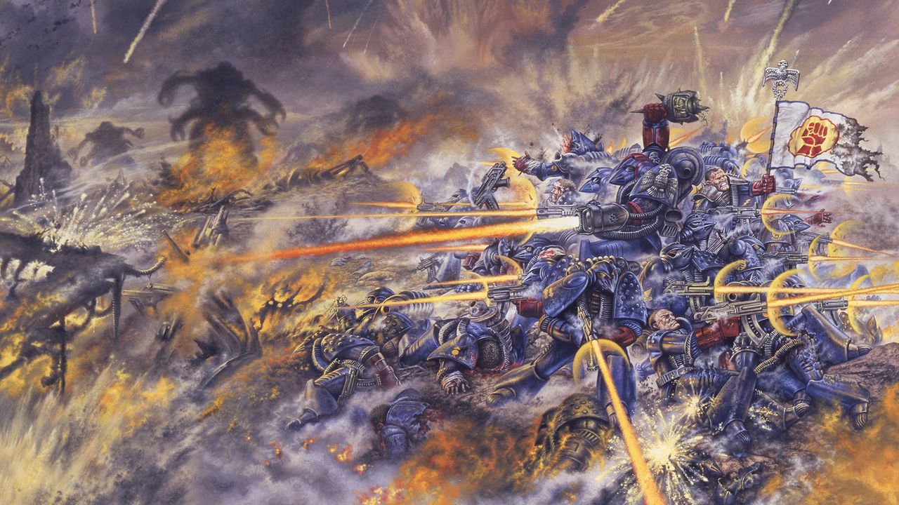 Crimson Fist space marines hold out against orks in a doomed last stand