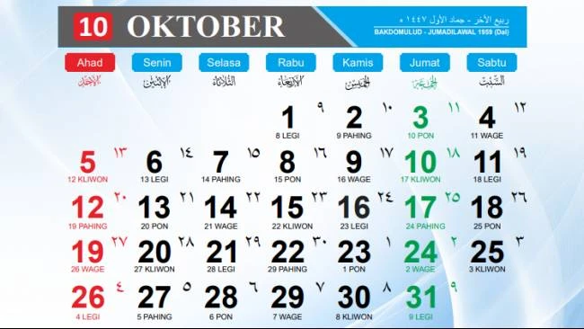 Kalender Jawa 26-31 Oktober 2025 Lengkap dengan Weton dan Hijriah