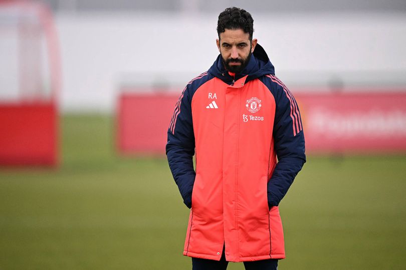 Manchester United head coach Ruben Amorim looks on during training