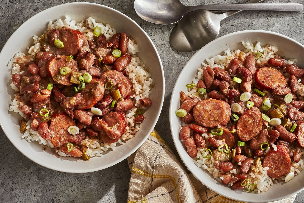 overhead view of two bowls of authentic Louisiana Red Beans and Rice