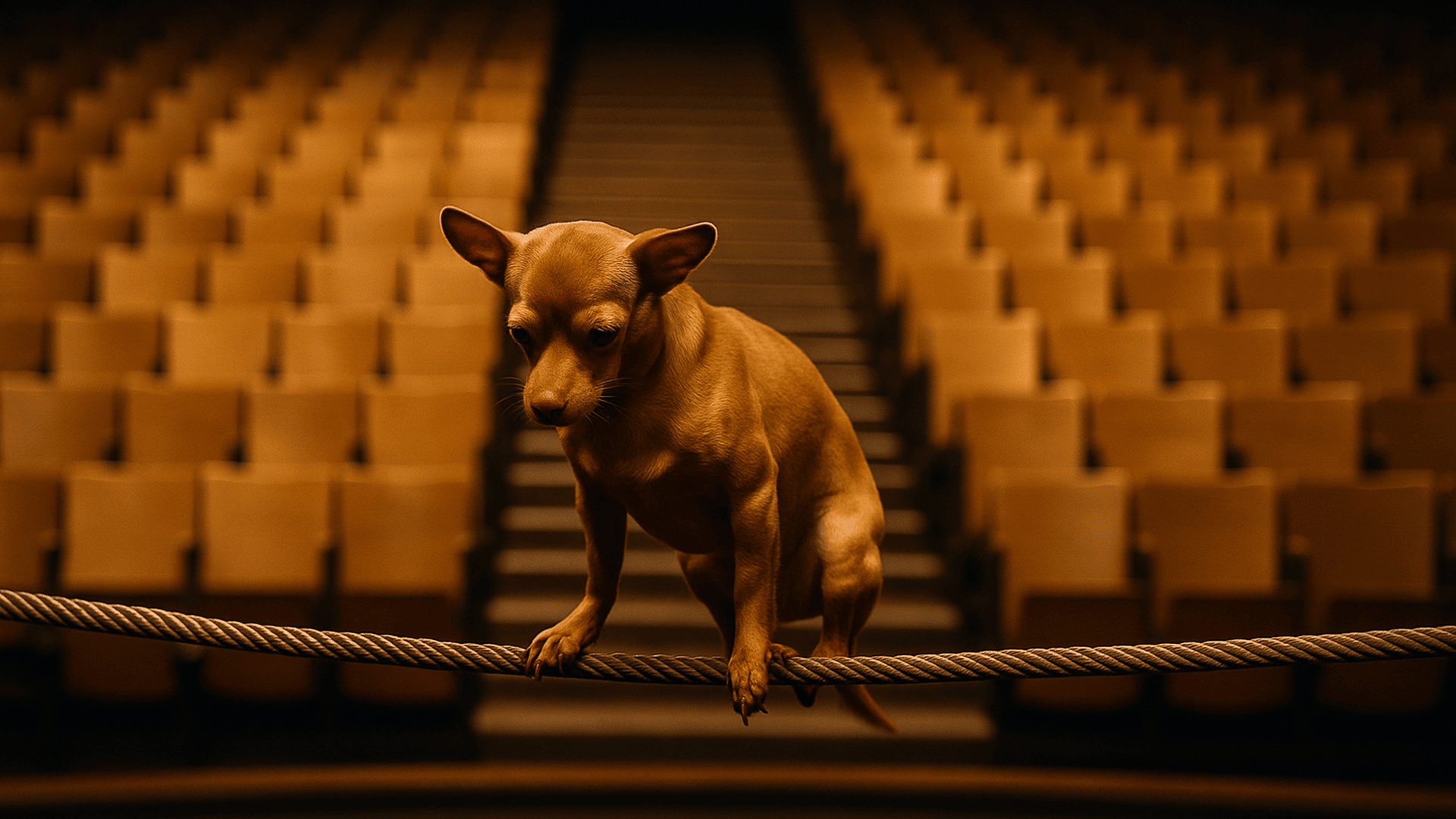 Kleine hond loopt over een koord