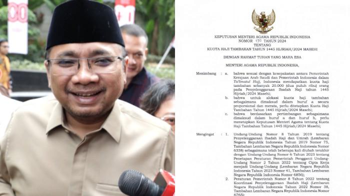 KORUPSI KOUTA HAJI - Kolase foto Eks Menteri Agama Yaqut Cholil Qoumas dan tangkap layar surat Keputusan Menteri Agama Nomor 130 Tahun 2024 terkait pembagian kuota haji tambahan yang ditandatangani oleh Gus Yaqut dan kini dijadikan barang bukti oleh KPK. (Kolase Tribunnews)