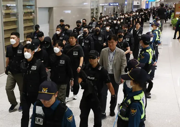 ▲韓國出動多達190餘名警察負責押送搭包機從柬埔寨返韓的韓國公民。（圖／美聯社／達志影像）