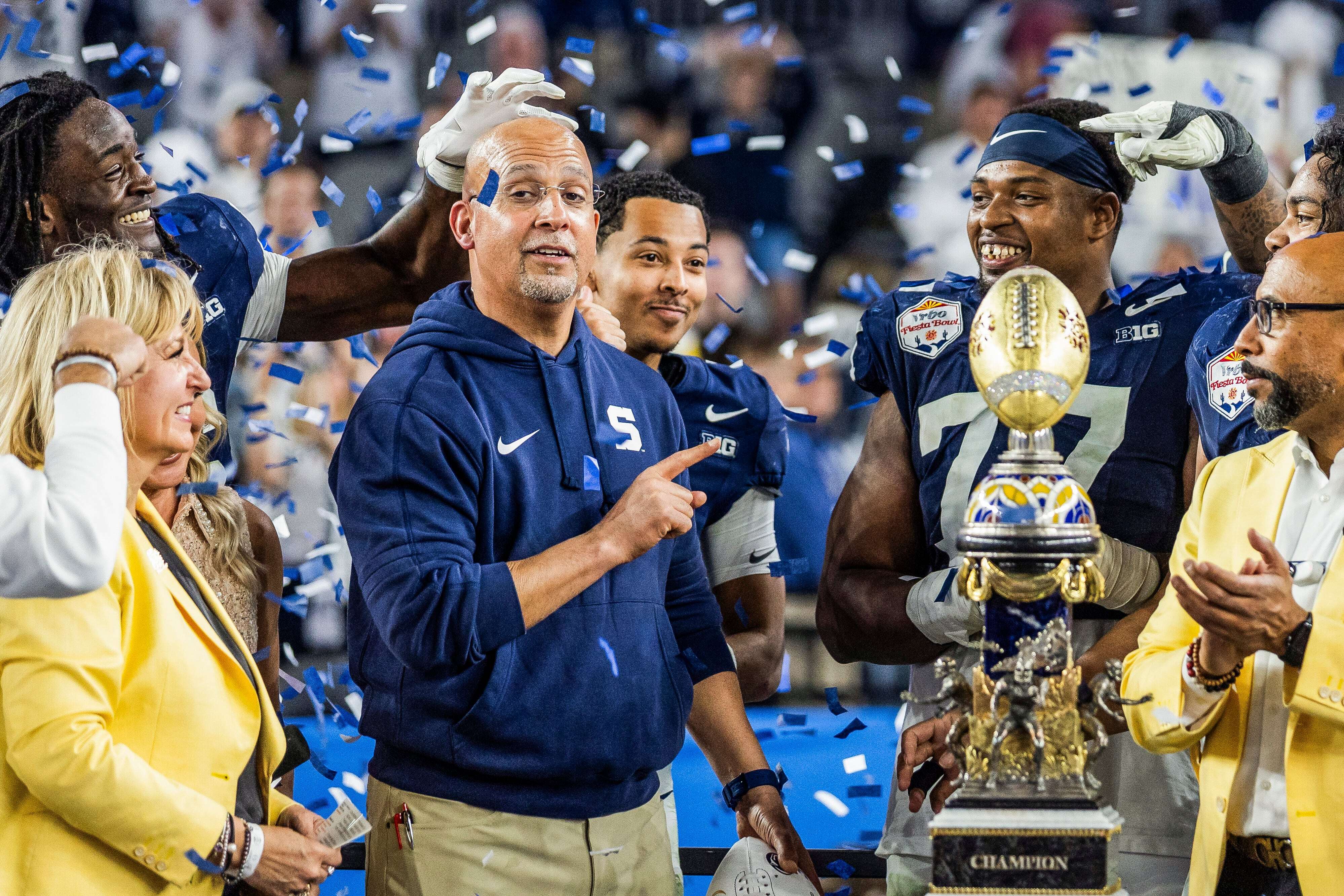 Penn State head coach James Franklin celebrates with Khalil Dinkins and Sal Wormley after the 31-14 win over Boise State in the Fiesta Bowl on Dec. 31, 2024. Joe Hermitt | jhermitt@pennlive.com Joe Hermitt | jhermitt@pennlive.com