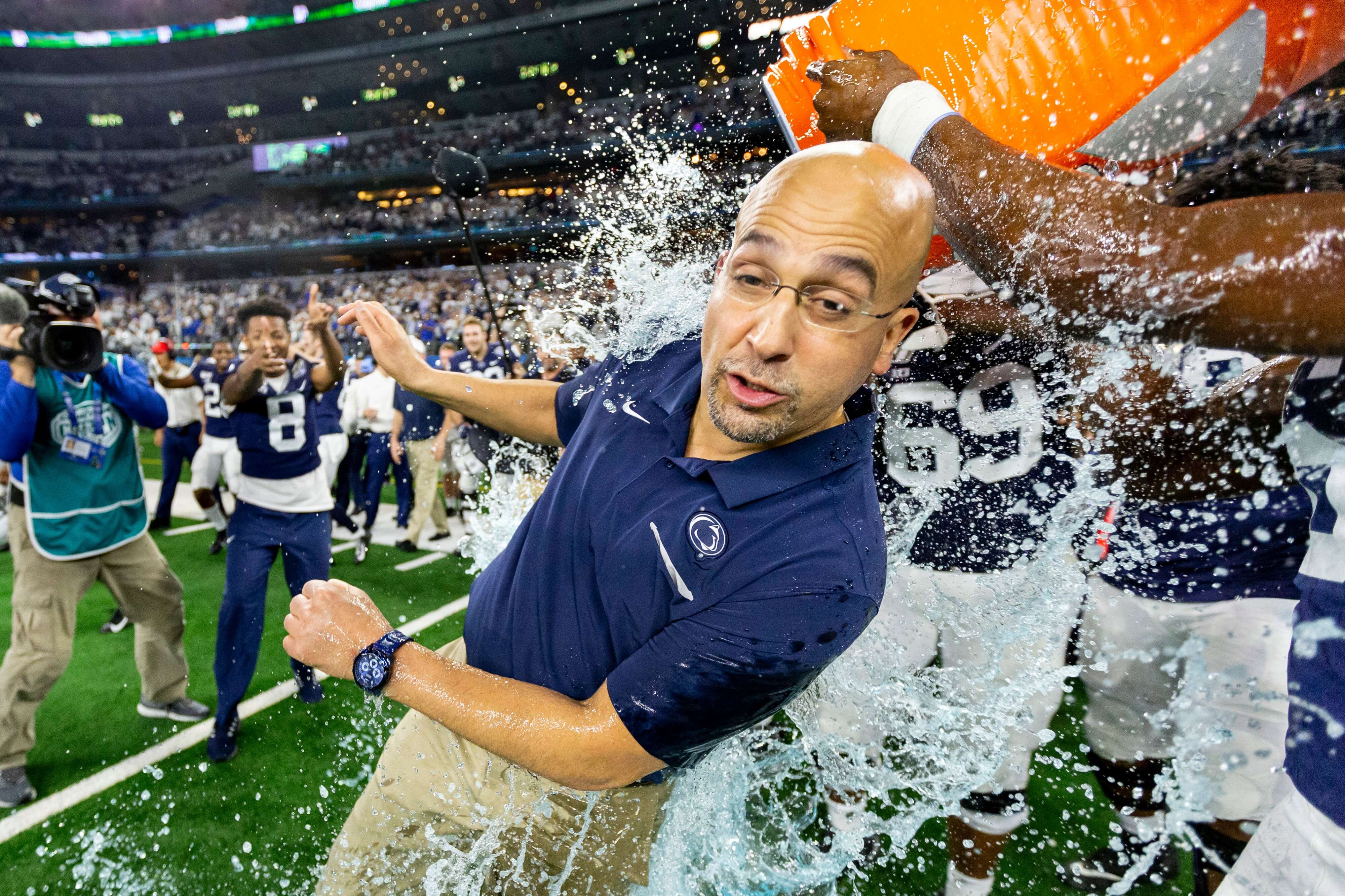 Penn State head coach James Franklin gets the Gatorade bath from offensive lineman C.J. Thorpe and linebacker Cam Brown after their 53-39 win over Memphis in the Cotton Bowl in AT&T Stadium on Dec. 28, 2019. Joe Hermitt | jhermitt@pennlive.com