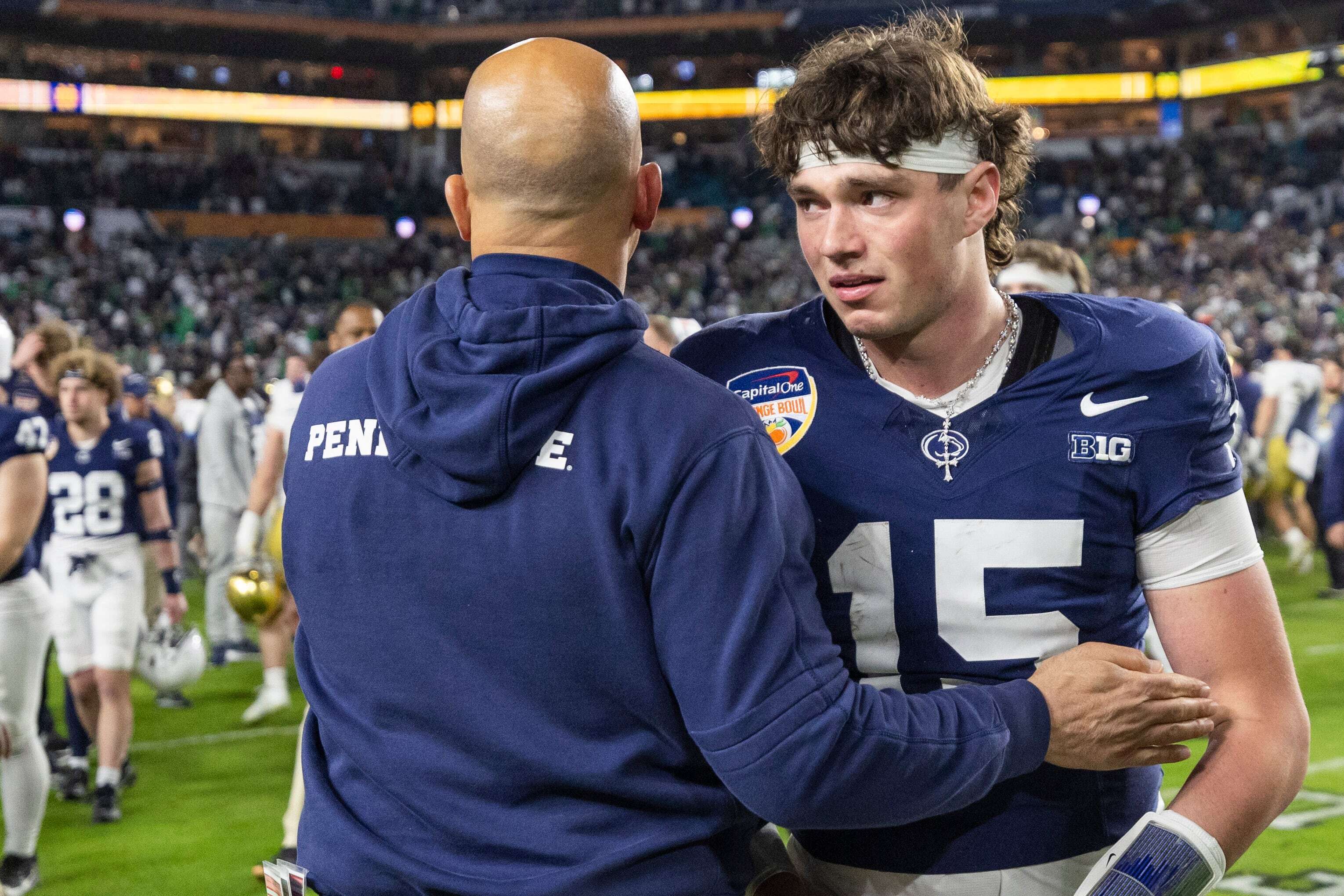 Penn State quarterback Drew Allar gets a hug from head coach James Franklin following their 27-24 loss to Notre Dame in the Orange Bowl on Jan. 9, 2025. Joe Hermitt | jhermitt@pennlive.com Joe Hermitt | jhermitt@pennlive.com
