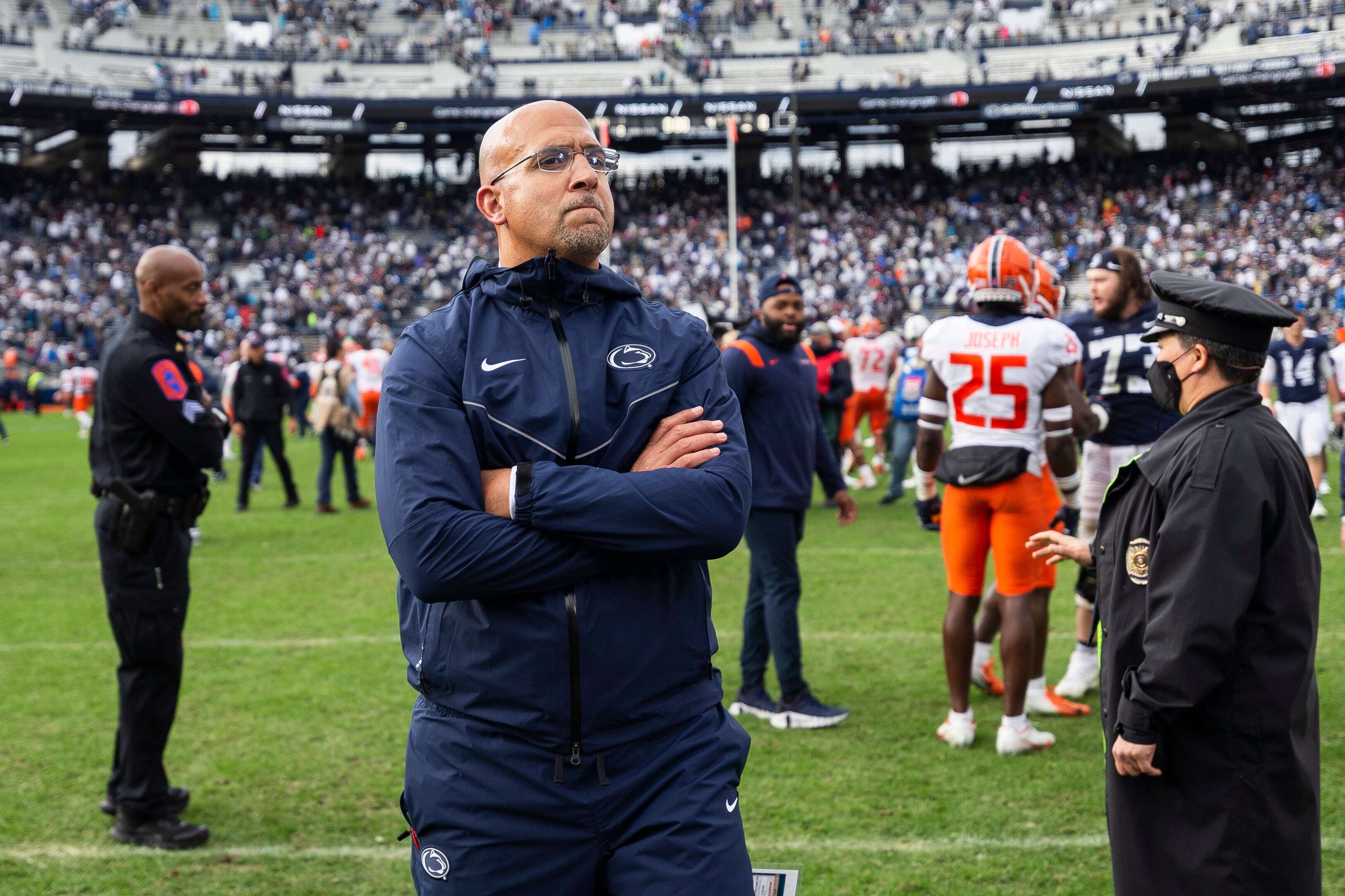 Penn State head coach James Franklin stands at midfield after the Lions fell to Illinois, 20-18 in 9 overtimes on Oct. 23, 2021. Joe Hermitt | jhermitt@pennlive.com