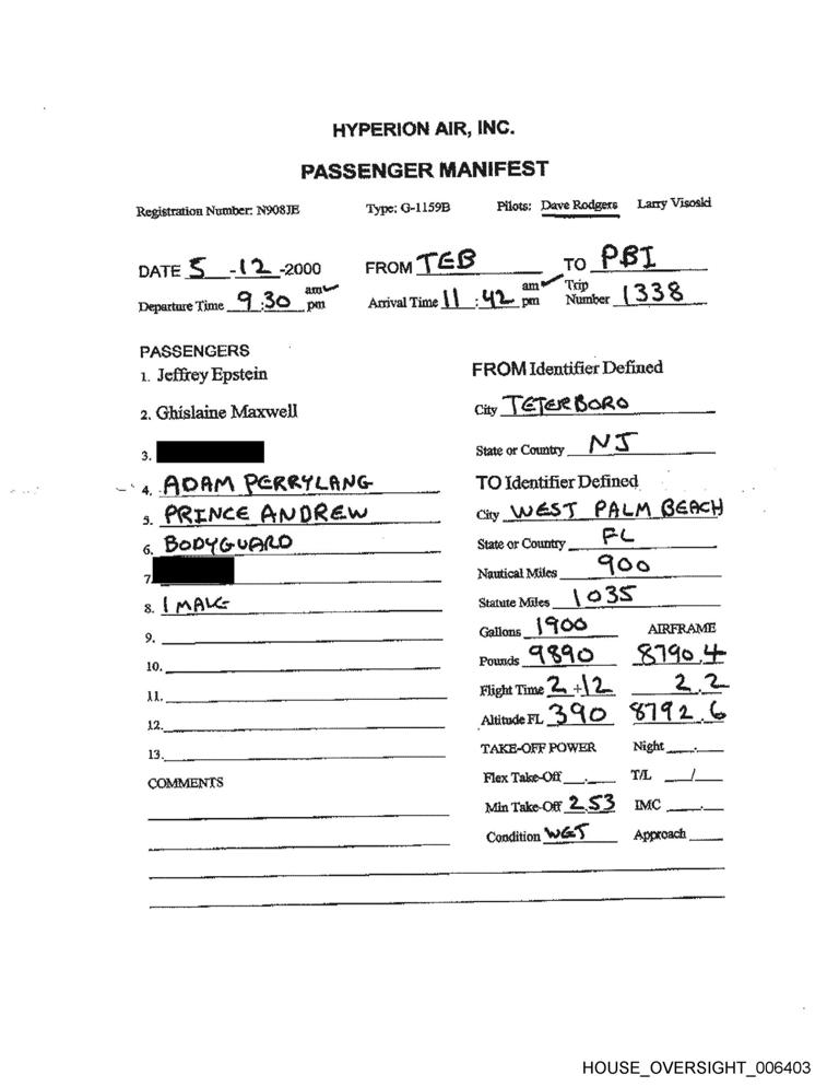 Flight records showing Prince Andrew confirmed as a passenger on Jeffrey Epstein’s private jet (Picture: House Oversight Committee/PA)