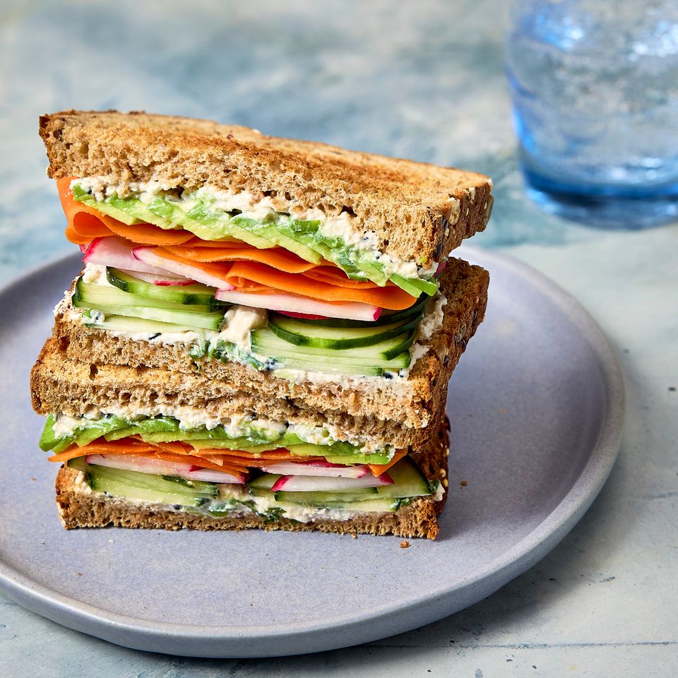 A recipe image of a High-Protein Cucumber Sandwich.