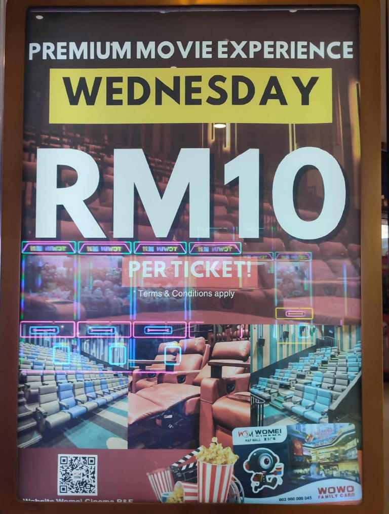 A poster shows a 10-ringgit ticket promotion at a cinema in R&F Mall, Johor Bahru, Malaysia. Photo: Rachel Tan