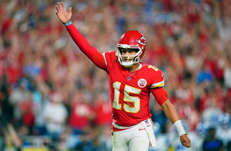 Patrick Mahomes #15 of the Kansas City Chiefs celebrates after scoring a touchdown against the Detroit Lions during the second half of an NFL football game at GEHA Field at Arrowhead Stadium on October 12, 2025 in Kansas City, Missouri.