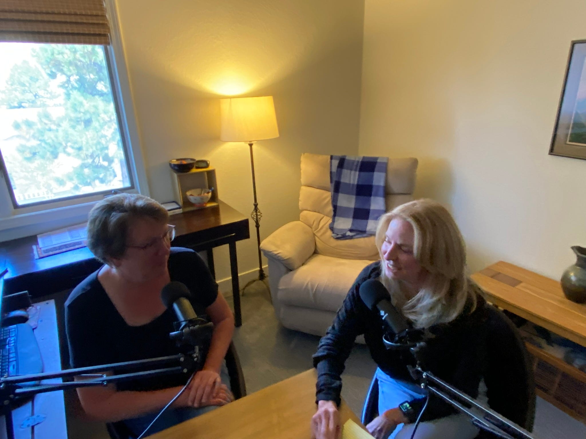 Astrid Oliver (left) and DeAnne Slaughter (right) discuss grief on a podcast.