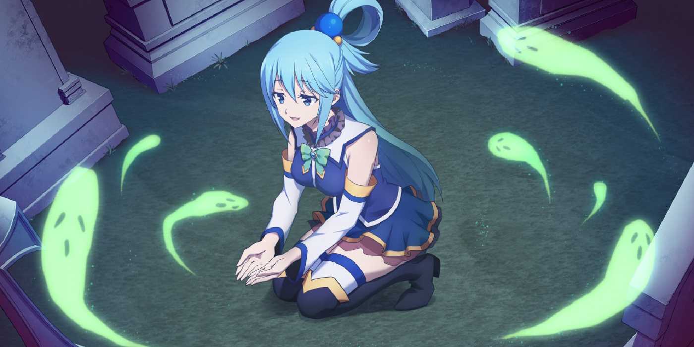 KonoSuba's Aqua kneeling down and smiling with her hands out as ghosts swirl around her.