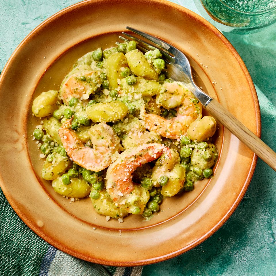 a recipe photo of Creamy Pesto Shrimp with Gnocchi & Peas