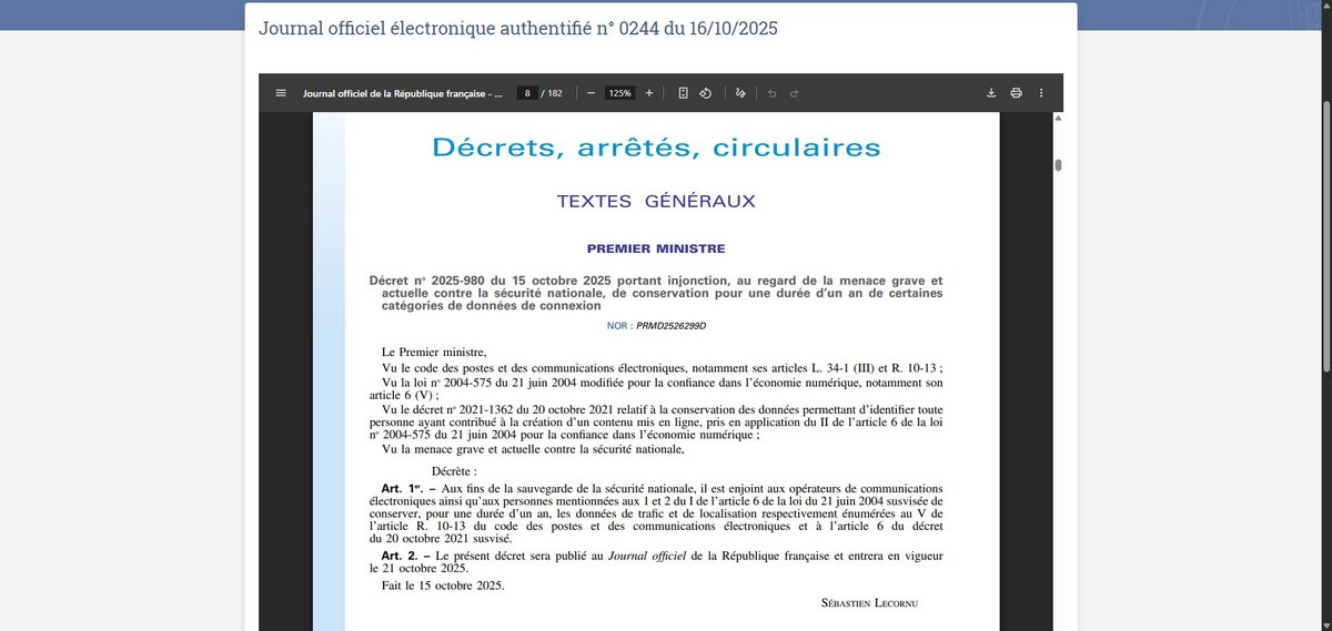 Le décret du 15 octobre 2025, signé par Sébastien Lecornu © Capture d'écran Clubic