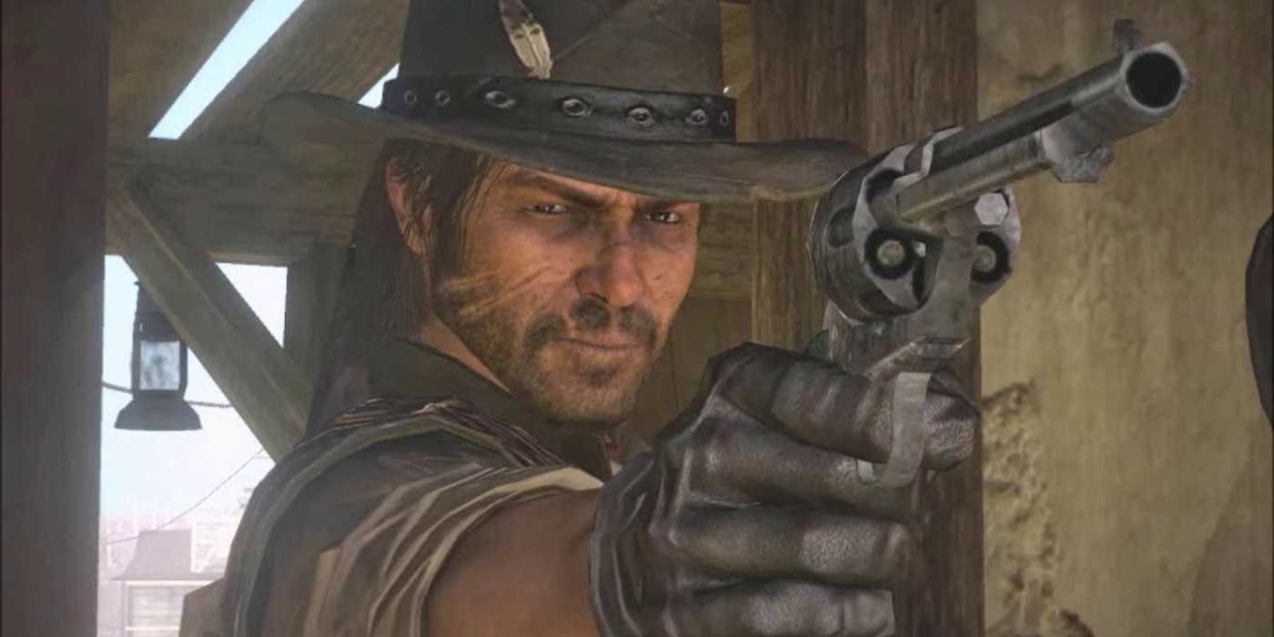 Red Dead Redemption John Marston pointing revolver.