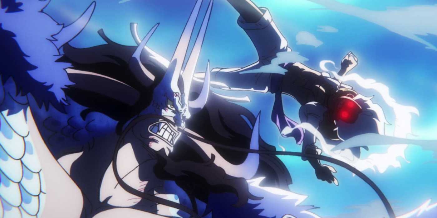 Gear 5 Luffy attacks Kaido from above in One Piece